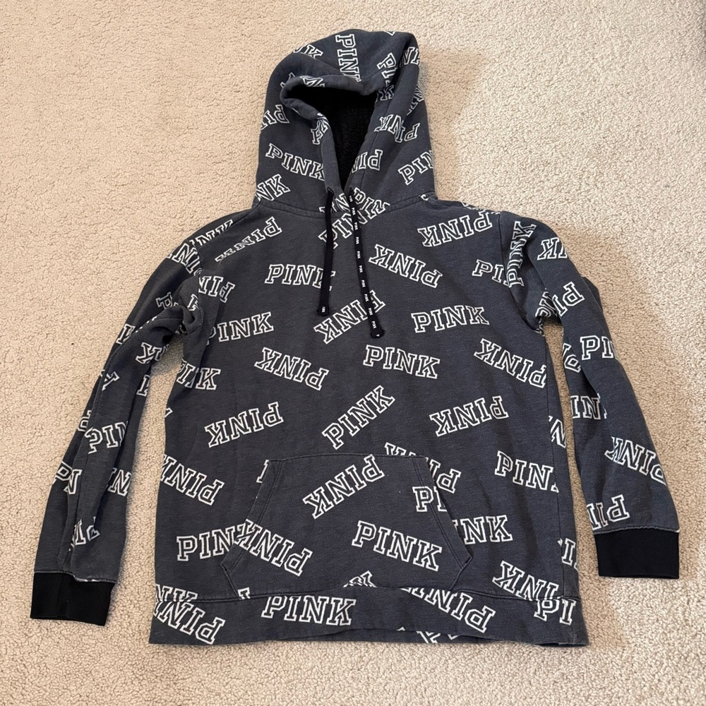 Victoria's Secret PINK Sherpa Lined Hoodie Campus Pullover Gray Logo Size Med
